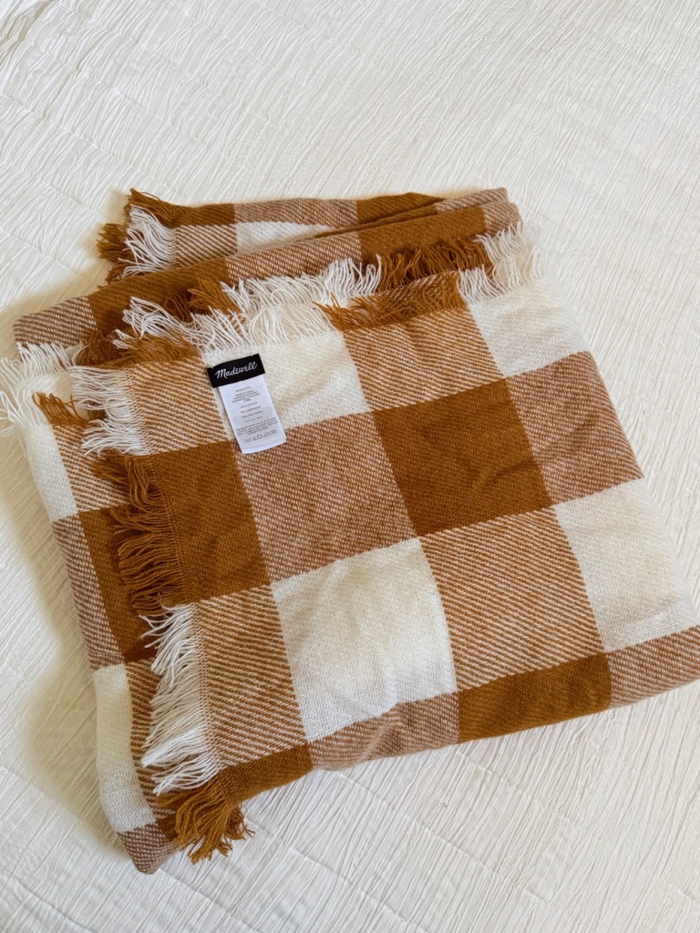 Madewell Buffalo Check Fringe Scarf in Caramel & Cream
